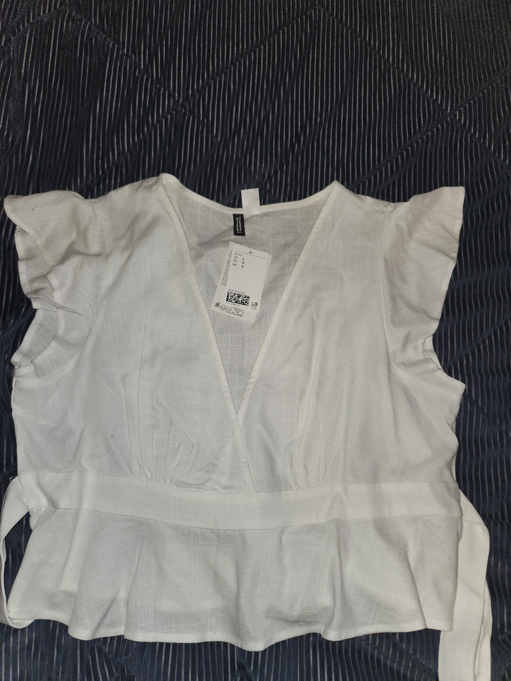 Divided White V-Neck Flutter Sleeve Tie-Waist Top